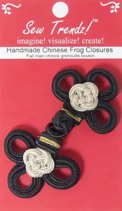Frogs Button Closures-Black/Beige/Gold-3.5"x1.75"-Double 3 Loop Flower #FG4760 - Picture 1 of 4