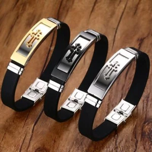 Cross Christian Men Women Bracelet Silicone Bangle Christ Prayer Stainless Steel - Picture 1 of 15