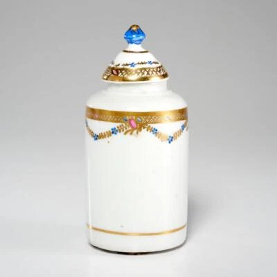 瓷器德累斯顿风格洛可可蓝金茶盒药剂师香水罐带盖 — 第 1/4 张图片