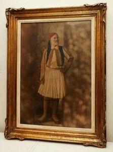 GREECE UNIQUE ANTIQUE GREEK FRAMED COLORED PHOTO HELLENIC TSOLIAS EVZONAS 1900's - Picture 1 of 12
