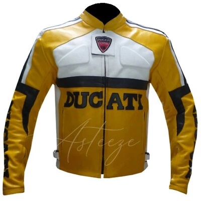 Men's Motorcycle Motorbike Jacket Ducati Biker Leather Coat Yellow Racing Gear - Image 1 of 4