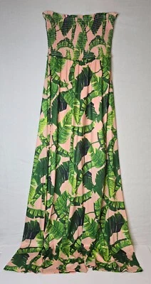 JUDITH MARCH PALM TREES PRINT LONG STRAPLESS DRESS LT PINK/GREEN RARE SZ: LG NWT - Image 1 of 4