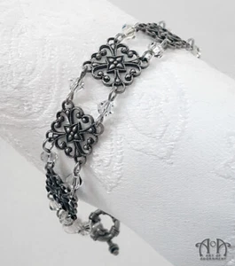 Victorian Style CRYSTAL BEADED BRACELET Clear Antiqued Silver Filigree Linked - Picture 1 of 5