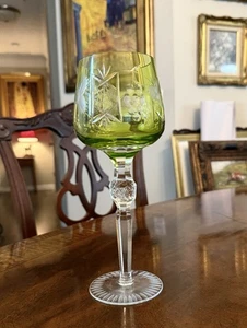 Vintage Hortensia Poland Light Green Cut to Clear Crystal Wine Glass 8.5” Tall - Picture 1 of 6