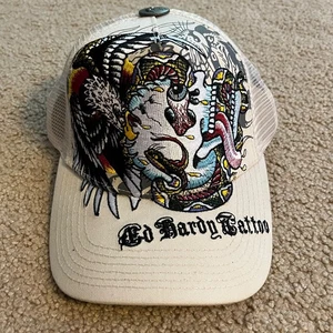 Ed Hardy Tattoo Trucker Hat Embroidered Skull Snapback Cap Beige Tan - Picture 1 of 14