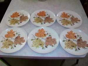 6 VINTAGE METLOX POPPYTRAIL WOODLAND GOLD DINNER PLATES EXCELLENT 10 3/8" - Picture 1 of 14
