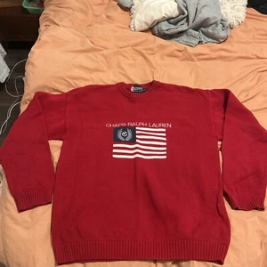 Vintage Ralph Lauren Chaps Sweater Me Large Red Knit USA FLag Crew Neck 90s - Picture 1 of 4