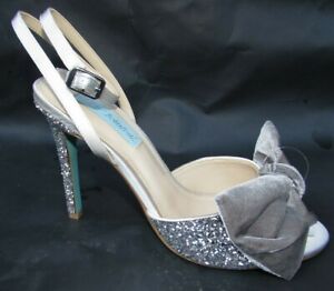 Betsey Johnson High heel shoes Sz 8, 8.5 silver blue formal glitter Open toe New