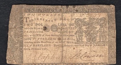 JANUARY 1, 1767 $2 TWO DOLLARS MARYLAND COLONIAL CURRENCY NOTE - Image 1 of 2
