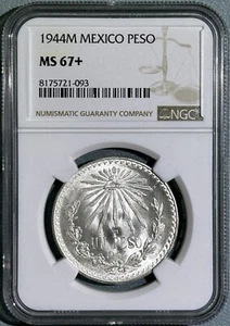Mexico 1944M Silver 1 Un Peso Pure White Choice BU Coin NGC MS67+ 2nd Finest 6/6 - Picture 1 of 2