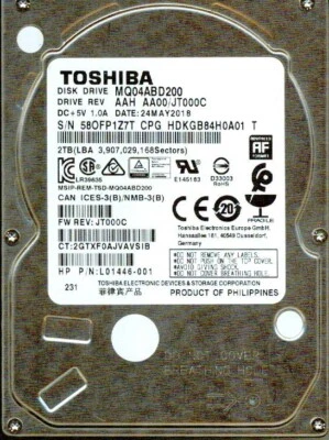 MQ04ABD200,  AAH AA00/JT00C, JT000C  TOSHIBA SATA 2TB - Image 1 of 2