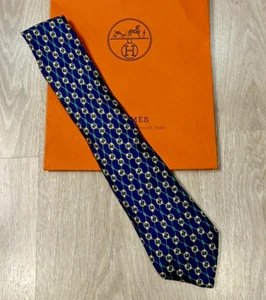 Genuine HERMES Paris Necktie Tie Blue Silk 100% - Picture 1 of 4