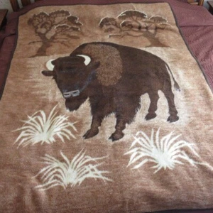 Vintage Biederlack Brown Tan Cream Bison Buffalo Throw Blanket Acrylic Fleece - Picture 1 of 3