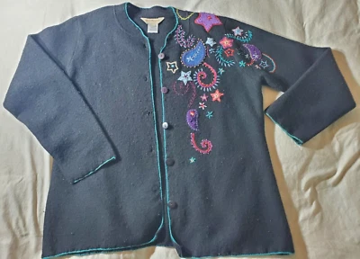 Norm Thompson 100% Wool Embroidered Paisley Applique Navy Sweater Size L - Image 1 of 4