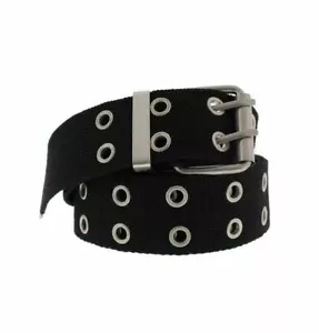 Unisex Cotton Canvas Webbing 2 Row Silver Eyelet Belt One Size Various Colours - Picture 1 of 18