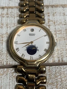 Seiko Mondphasenuhr Herren 33mm weißes Ziffernblatt goldfarben Datum 6F22-6000 braucht Batterie - Bild 1 von 5