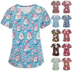 Women's Fashion Casual T-Shirt V Neck Pocket Short Sleeve Pattern Printed Tops - Picture 1 of 42