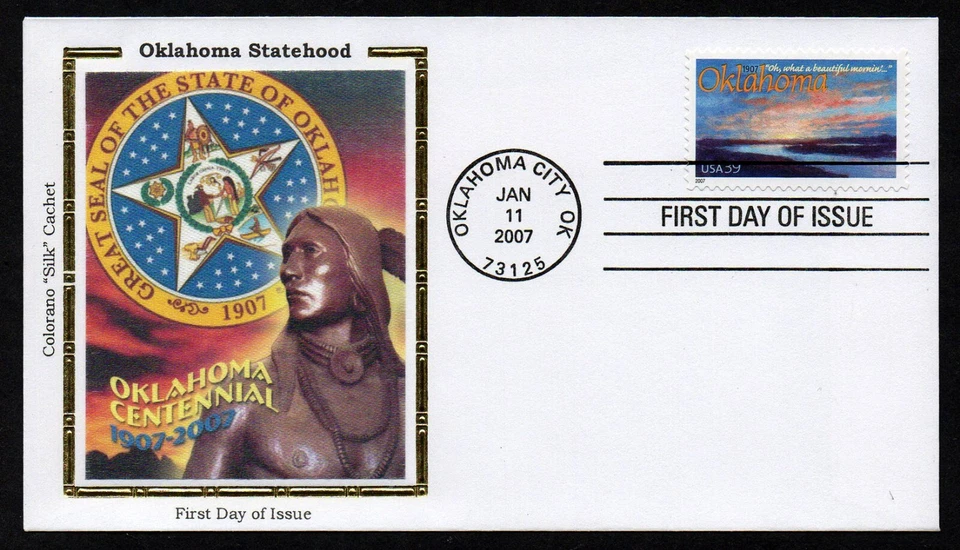 USA, SCOTT # 4121, COLORANO SILK FDC COVER 2007 OKLAHOMA STATEHOOD & GREAT SEAL - Image 1 of 1