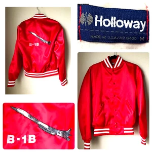Vtg B-1B Lancer Red Satin Varsity Jacket M Embroidered Airplane Pockets Holloway - Picture 1 of 12