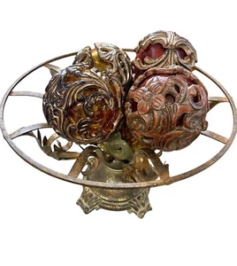 Large Metal Centerpiece Bowl 12 in with 5 Colored Glass and Metal Orbs Ornate - Picture 1 of 4
