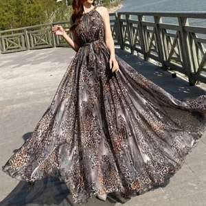 Maya Antonia Chiffon Maxikleid, Leopard blau-braun/ärmellos/Boho/Strand - Bild 1 von 13