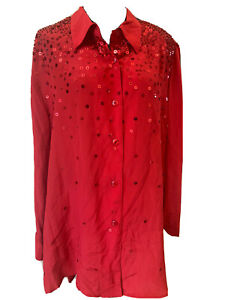 NWT Diane Gilman Sequined  RED Tunic SILK Blouse ( 2XL  )