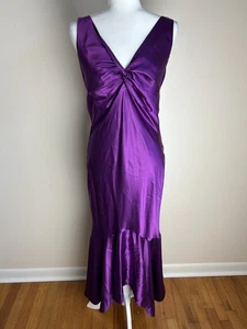 Lauren Ralph Lauren 8 100% Silk Slip Dress Purple Ruffle Gown Twist Front Satin - Picture 1 of 6