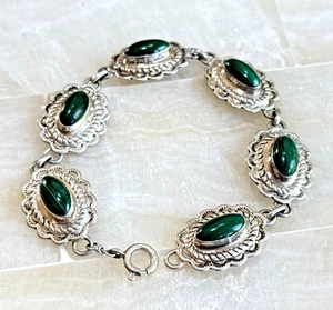 VINTAGE NAVAJO STERLINGSILBER SIGNIERT GRÜNER MALACHIT OVAL GLIEDERARMBAND STEMPEL - Bild 1 von 7