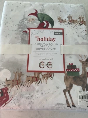 Pottery Barn Kids Heritage Santa Holiday Organic Cotton TWIN Duvet Cover New - Image 1 of 3