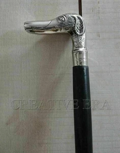 Antique Victorian Brass Designer Dog Head Handle Wooden Walking Stick Cane Gift - Picture 1 of 4