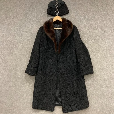 Abrigo de piel vintage para mujer talla 14 cuello de piel negro + bolsillos para sombrero forrados años 80/90 Foto 1 de 4