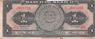 Billete Circulado México 1 Peso 10.5.1967 Serie BDW Prefijo J PPZ Foto 1 de 2