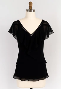 Blusa Top WHBM Talla 2 Negra Dorada Tachonada Capas Transparente Etérea Romántica Noir - Imagen 1 de 9