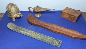 5 Incense Burning Display Storage Pieces-Wood Aluminum Brass Ceramic-India/Japan - Picture 1 of 10