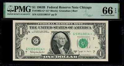 1963B $1 CHICAGO STAR NOTE PMG 66 EPQ Fr 1902-G* FRN Barr Note Gem Uncirculated - Image 1 of 2