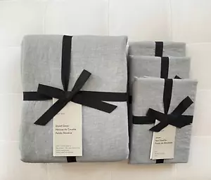 West Elm 4pc EUROPEAN FLAX LINEN Duvet King & 3 Euro Shams Chambray Melange NWT - Picture 1 of 4