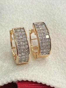 Pave 1.32 Cts Princess Shape Diamonds Three-Row Hoop Earrings In 585 14K Gold - Picture 1 of 12