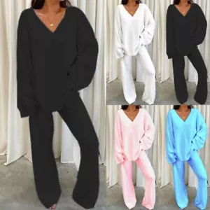 Women Thick Polar Fleece Sleepwear Set Ladies Home Loose Fit V Neck Pajamas - Picture 1 of 20