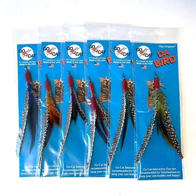GO CAT FEATHER TOYS 6 Guinea Feather Da Bird Refill Wand Pole Go Cat Catcher Genuine Kittens FUN