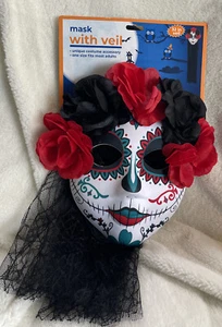 Day of Dead Sugar Skull Bride 32” Black Veil Halloween Masquerade Party Mask Red - Picture 1 of 6
