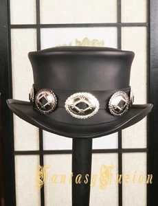 Rocker Black Leather Slash Style Standard Top Hat Replica Fans Hat Short Version - Picture 1 of 2