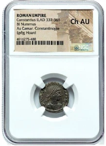Roman Empire Constantius ll Caesar CONSTANTINOPLE Bi Nummus AD 337-361 NGC Ch AU - Picture 1 of 5