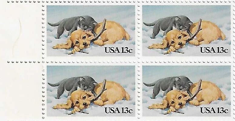 US Kitten & Puppy 13c Stamp block of 4 Scott #2025 - Image 1 of 1