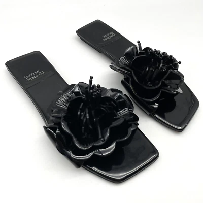 Sandalias planas Jeffrey Campbell Bloomsday negras charol grandes con flores talla 5 Foto 1 de 4
