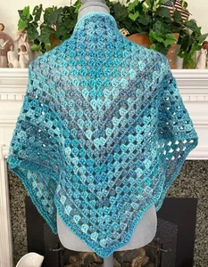 Handmade Crochet Granny Triangle Shawl Wrap Scarf Cotton Acrylic Blue 58" x 25" - Picture 1 of 3
