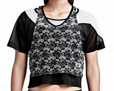 NIKE Malla Imitación Encaje Camiseta sin mangas Sobre Malla S/S Camisa Corta Negra Blanca NUEVA Para Mujer S L Foto 1 de 4