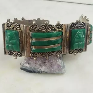 "Bracciale Pannello Volti Intagliati Vintage Argento Sterling 18mm Verde Onice 7,5" - Foto 1 di 6