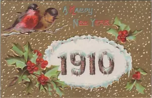 1910 Neujahr Eiszapfen oval Vögel Stechpalme Beeren gold geprägt Postkarte A828 - Bild 1 von 2