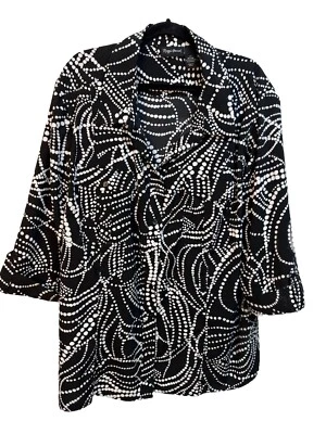 Maggie Barnes Size 4X 30/32 Blouse Button 3/4 Sleeve Black White Print Women's - Image 1 of 4