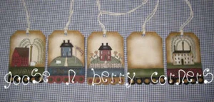 PRIMITIVE SET 10 SALT BOX FOLK ART HANG TAGS  (FA-2) - Picture 1 of 1